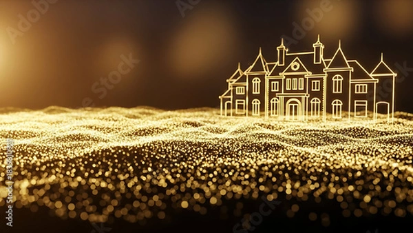 Fototapeta A golden line art castle emerges from a flowing digital network of data streams and glowing particles on a dark background