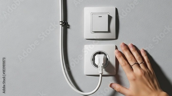 Fototapeta Close up of a person's hand reaching for an electrical outlet with a plug inserted, and a light switch on a textured wall