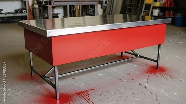 Fototapeta Red Metal Workbench with Stainless Steel Top in a Workshop Setting