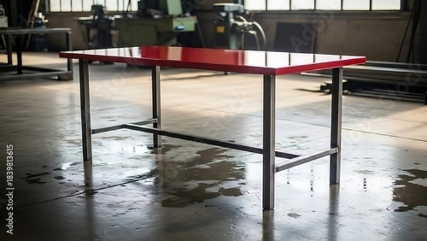 Fototapeta Striking red industrial table with sturdy metal legs, set on a wet concrete floor within a well-lit workshop, emphasizing its modern, durable design and functional purpose for various industrial tasks