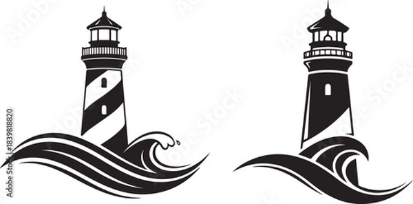 Fototapeta Vintage Lighthouse Logo Design Ocean Waves Silhouette.