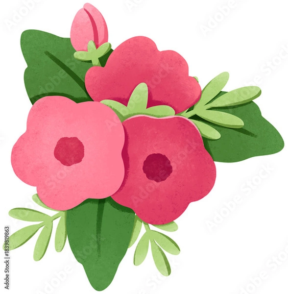 Fototapeta Isolated pink flowers with green leaves illustration. Cute floral arrangement for floral border, floral edge, journaling, invitation, planner, greeting card, and decorative projects.