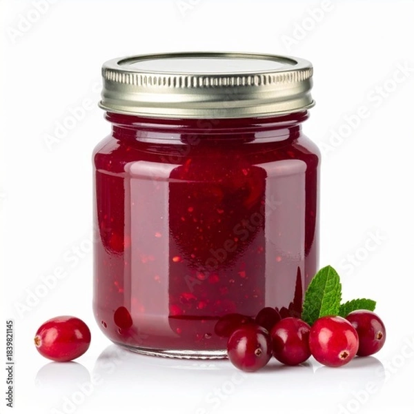 Fototapeta Shiny Red Cranberry Jam in Glass Jar with Berries on White Background