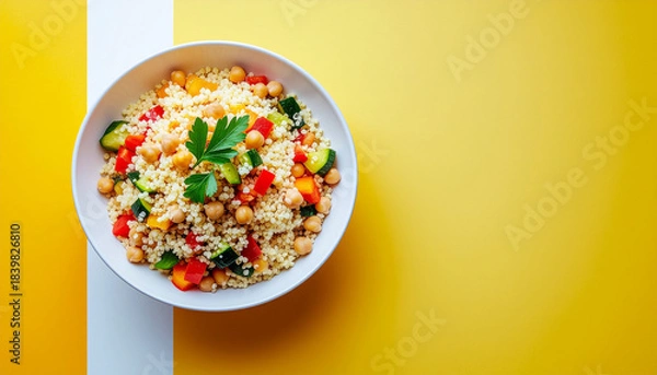 Fototapeta top-down view of a mediterranean-style dish with couscous, vegEtables, and chickpeas