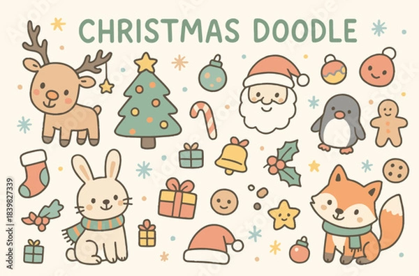 Obraz Cute Kawaii Christmas Doodles Vector Set. Adorable Hand-Drawn Holiday Characters Collection with Santa, Reindeer, Polar Bear, Bunny, Fox, and Elf.