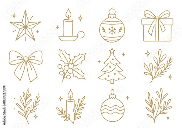 Obraz Elegant Christmas Line Art Vector Set. Luxurious Golden Holiday Elements Collection with Ornaments, Bows, Candles, Holly, and Poinsettia.