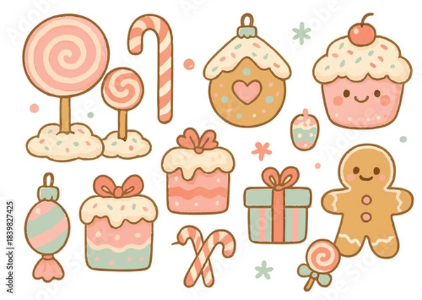 Obraz Kawaii Candy Christmas Wonderland Vector Set. Cute Hand-Drawn Holiday Clip Art Collection with Gingerbread Man, Lollipop Trees, Sweet Ornaments, and Pastel Gifts.
