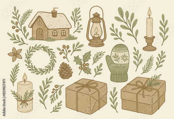 Obraz Scandinavian Folk Art Christmas Vector Pack - Traditional Nordic Holiday Clipart with Reindeer, Bird, Trees, and Snowflakes