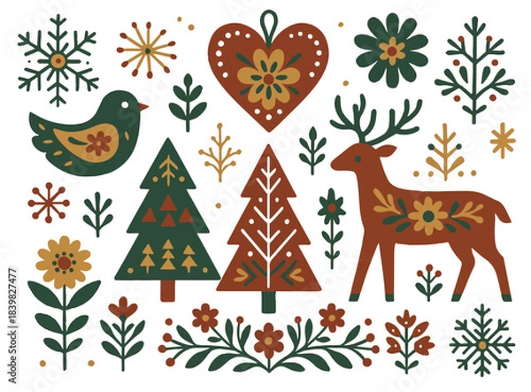 Obraz Scandinavian Folk Art Christmas Vector Pack - Hygge Holiday Clipart Set with Reindeer, Bird, Trees, Flowers, and Snowflakes