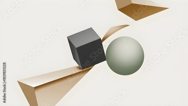 Obraz Abstract 3d shapes composition with cube, sphere, and triangles on light background