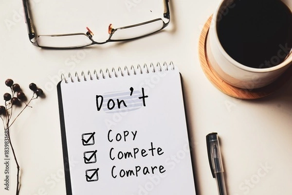 Fototapeta Notepad with motivational note Don't copy compete compare with a cup of coffee. View from above, inspirational quotes for mental well-being.