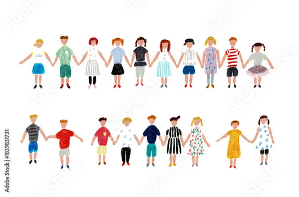 Obraz  手描きイラスト　手をつなぐたくさんの女の子と男の子たち