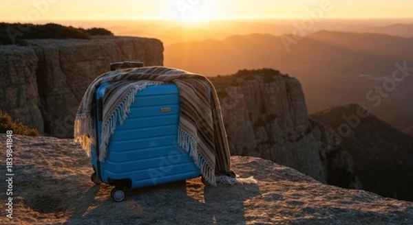 Obraz A light-blue suitcase rests on a mountain edge at sunset