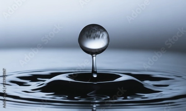 Obraz A single water droplet, perfectly spherical, rests suspended above a dark, rippling water surface