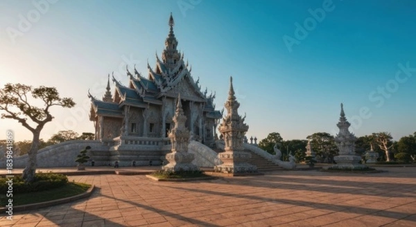 Obraz A grand, light-gray temple complex, bathed in the soft glow of sunrise