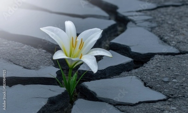 Obraz A single white lily blossoms from a cracked earth surface. Sunlight highlights the flower