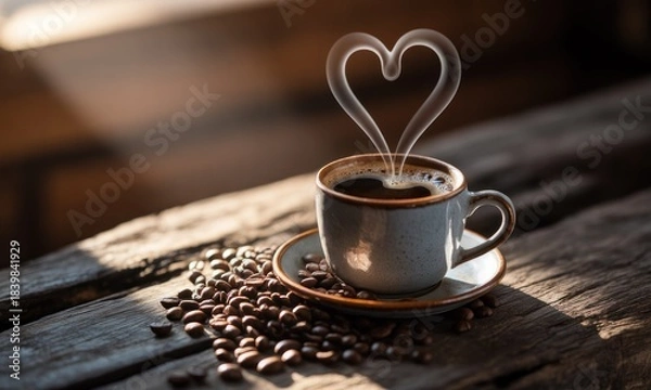 Obraz A steaming cup of coffee, a heart of steam rising above