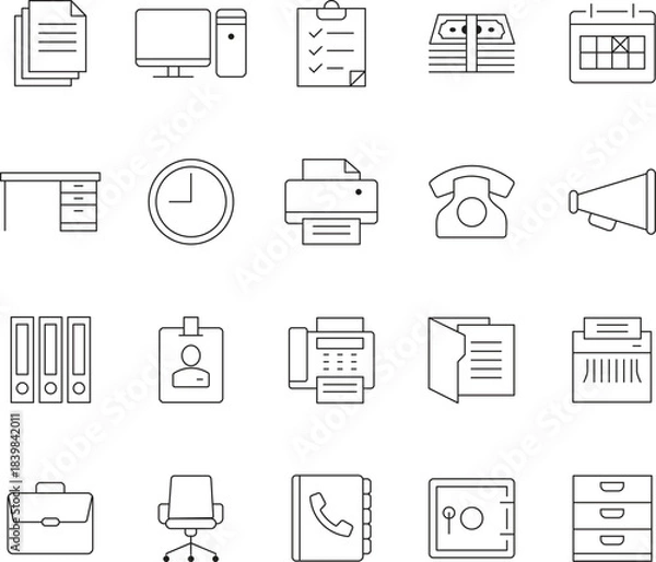 Fototapeta A set of minimalist line icons representing various office supplies, with editable strokes for easy customization and scalability.