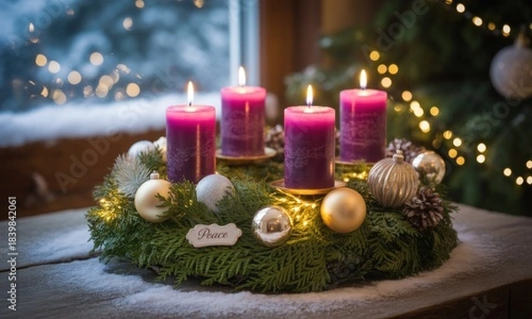 Obraz Advent wreath with four purple candles, adorned with Christmas ornaments and lights, sits on a wooden surface near a snowy window