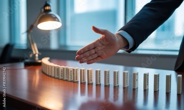 Fototapeta Business hand reaching to a row of dominoes