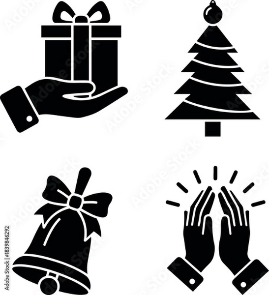 Fototapeta Set of Christmas and Celebration Silhouette Icons with Gift, Tree, Bell, and Clapping Hands