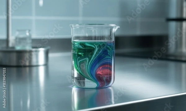 Obraz Colorful swirling liquids in a beaker on a stainless steel lab bench