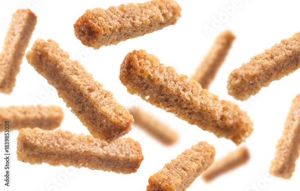 Obraz Bread croutons levitate on a white background