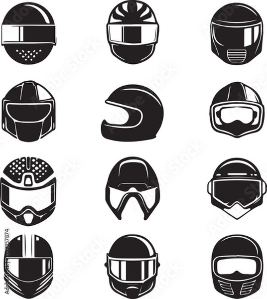 Obraz High-detail motorbike helmet designs showcased beside stylish sports motorcycle black silhouette on white background