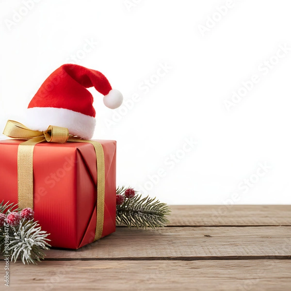 Obraz Festive Red Gift Box and Santa Hat on Wooden Surface