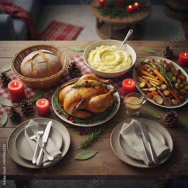 Obraz Overhead View of Christmas Dinner Table Setting
