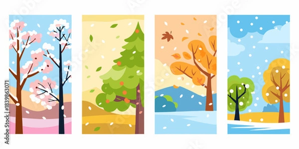 Obraz Four vertical panels depicting trees through the changing seasons of the year