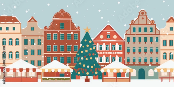 Obraz Charming european townscape with a christmas tree and falling snow