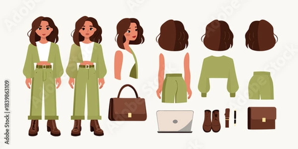 Obraz Fashion model character design sheet with various poses and clothing items
