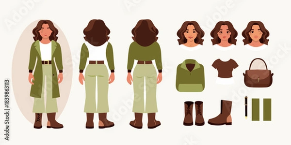 Obraz Fashion design sheet featuring a woman s outfit with multiple views and accessories