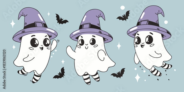 Obraz Three adorable ghosts wearing purple witch hats float amongst sparkling bats