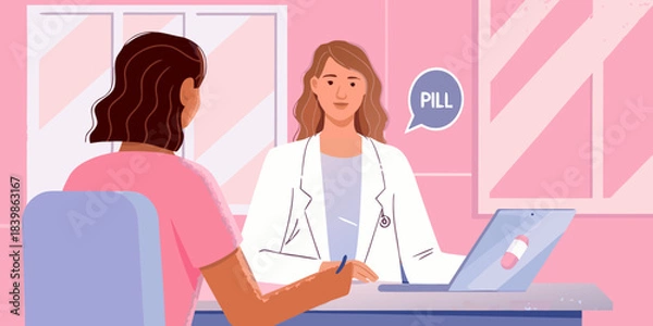 Obraz Doctor discussing medication with a patient in a modern pink toned office