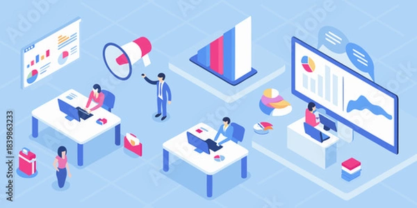 Obraz Isometric illustration of data analysis marketing strategy and team collaboration in office