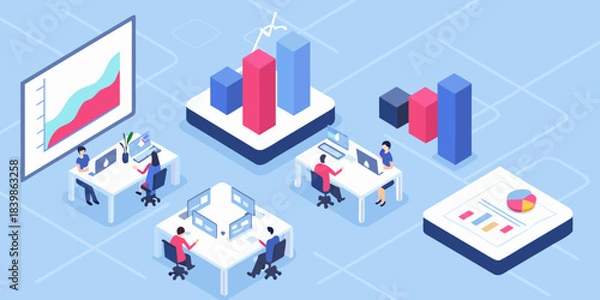 Obraz Isometric office scene depicting data analysis teamwork and modern workplace concepts