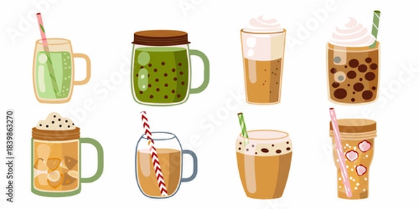 Obraz A colorful collection of different iced beverages in glass jars and cups