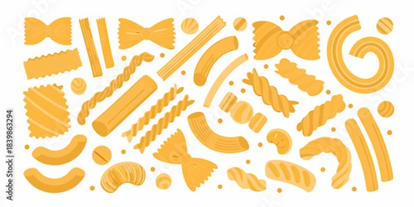 Obraz A colorful arrangement of various pasta shapes on a white background