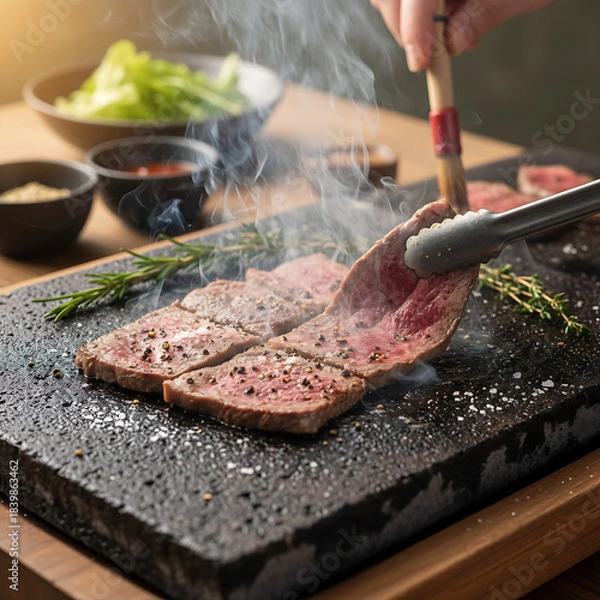 Obraz Preparing Grilled Meat on Heated Stone Surface