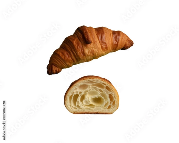Fototapeta Golden croissant pastry top view and cross section isolated on transparent background