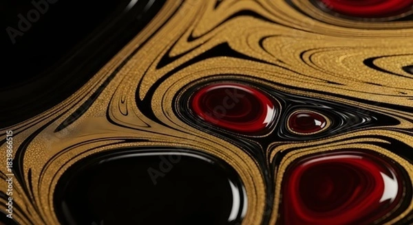 Fototapeta Black, Gold, and Red Abstract Liquid Texture Background with Metallic Glitter Swirls and Glossy Bubbles