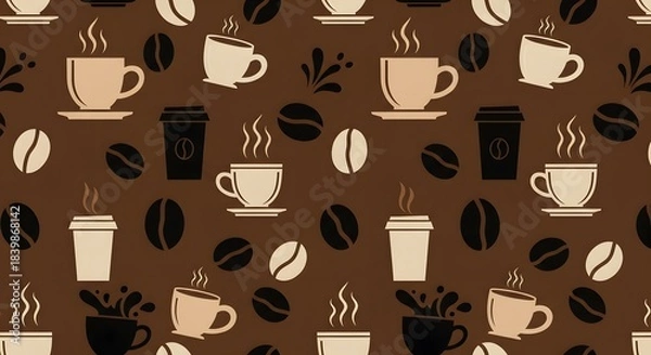 Fototapeta Seamless Coffee Pattern Background with Mugs, Steaming Cups, Beans, and Takeout Icons in Warm Earth Tones for Cafe Design