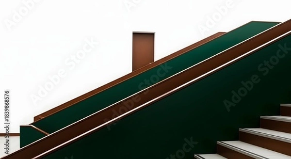 Fototapeta Striking Minimalist Architecture: Staircase with Emerald Green Balustrade and Brown Accents on White Background