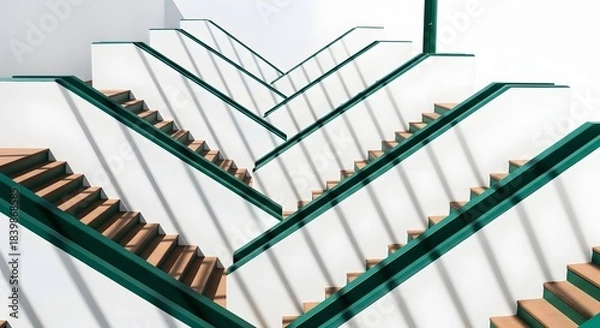 Fototapeta High Angle View of Modern Architectural Stairs with Bold Green Railings, Creating a Striking Zigzag Pattern and Linear Shadows
