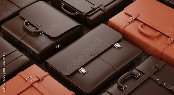 Fototapeta Close-up Grid of Luxurious Dark Brown and Cognac Leather Briefcases, Professional Business Bags Pattern Background