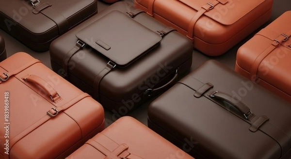 Fototapeta Isometric Pattern of Luxurious Vintage Leather Suitcases in Alternating Dark Brown and Cognac Colors, High-End Travel and Business Background