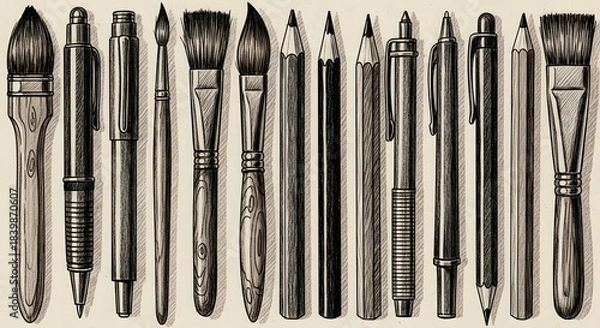 Fototapeta Detailed Pencil Sketch of Assorted Drawing and Painting Supplies: Brushes, Pens, and Graphite Pencils Arranged in a Row