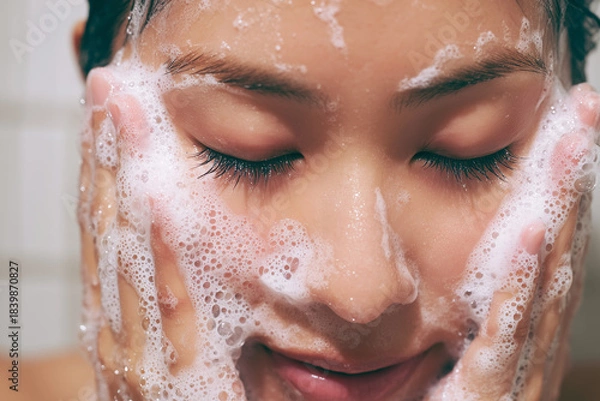 Obraz 泡で顔全体を洗う若い女性のクローズアップ